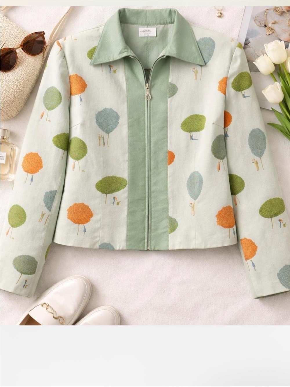 Light Green Tree-Print Zip Front Jacket - Tapp New York